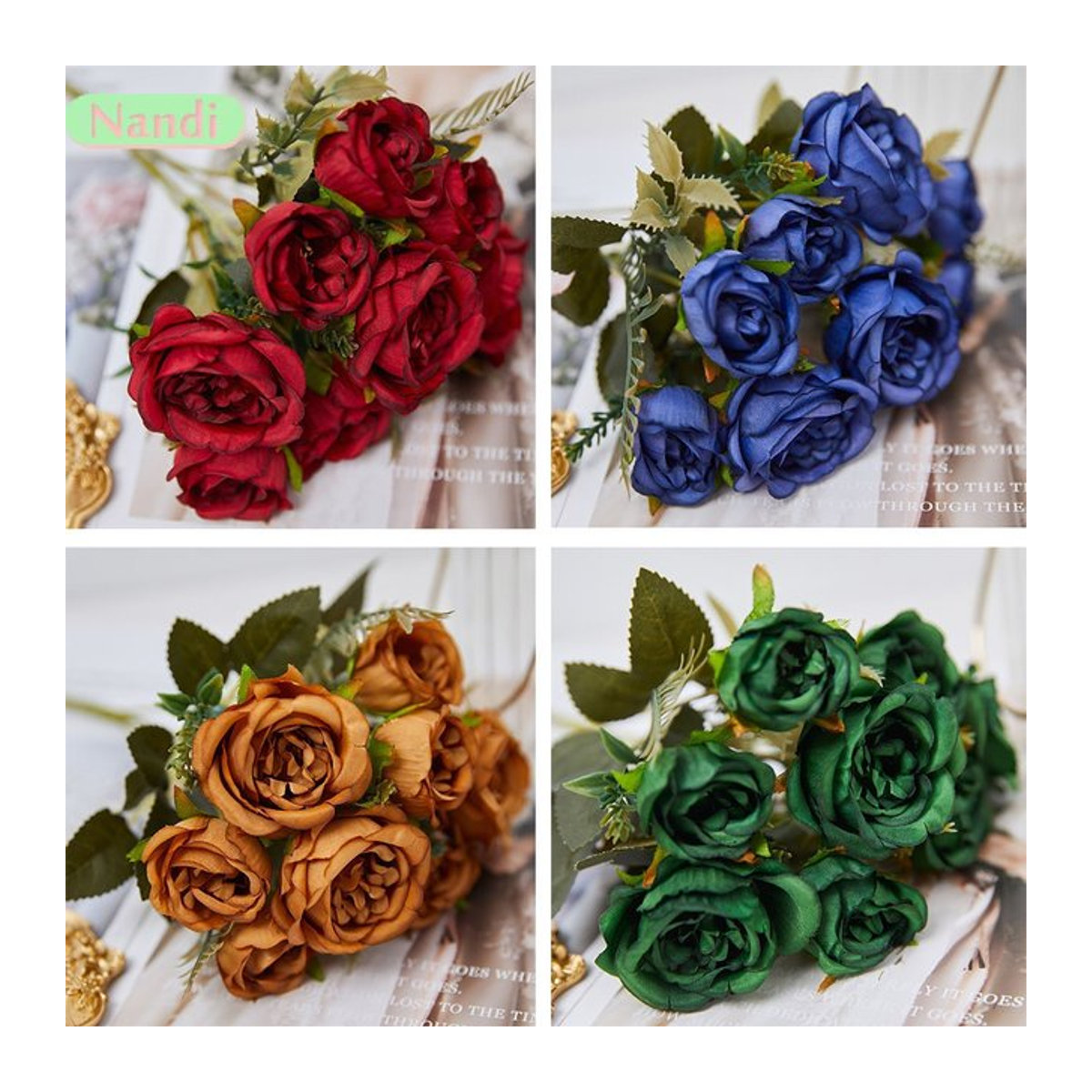 NANDI Vintage Seiden-Pfingstrose Bouquet mit 8 Köpfen in Gold und Mehrfarbig für deine Hochzeits- und Tischdekoration - Bild 1