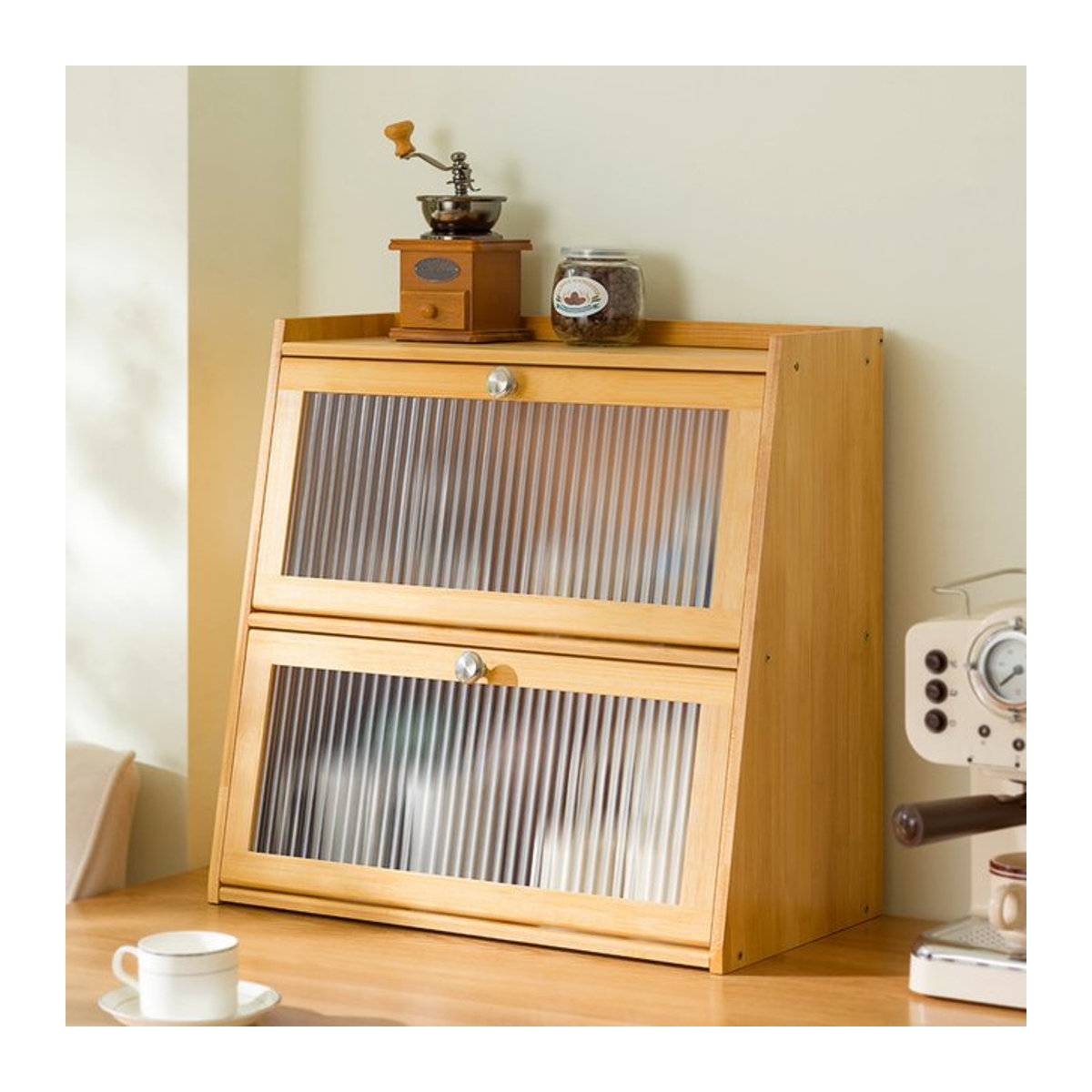 Nanzhu Desktop-Aufbewahrungsbox aus Holz in Braun mit minimalistischem Design und Streifenmuster für Tassen, Teeservice und Wasserbecher - Bild 1