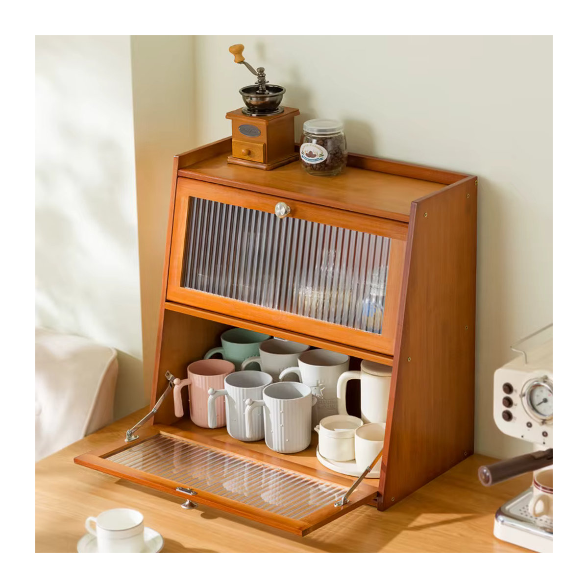 Nanzhu Desktop-Aufbewahrungsbox aus Holz in Braun mit minimalistischem Design und Streifenmuster für Tassen, Teeservice und Wasserbecher - Bild 2