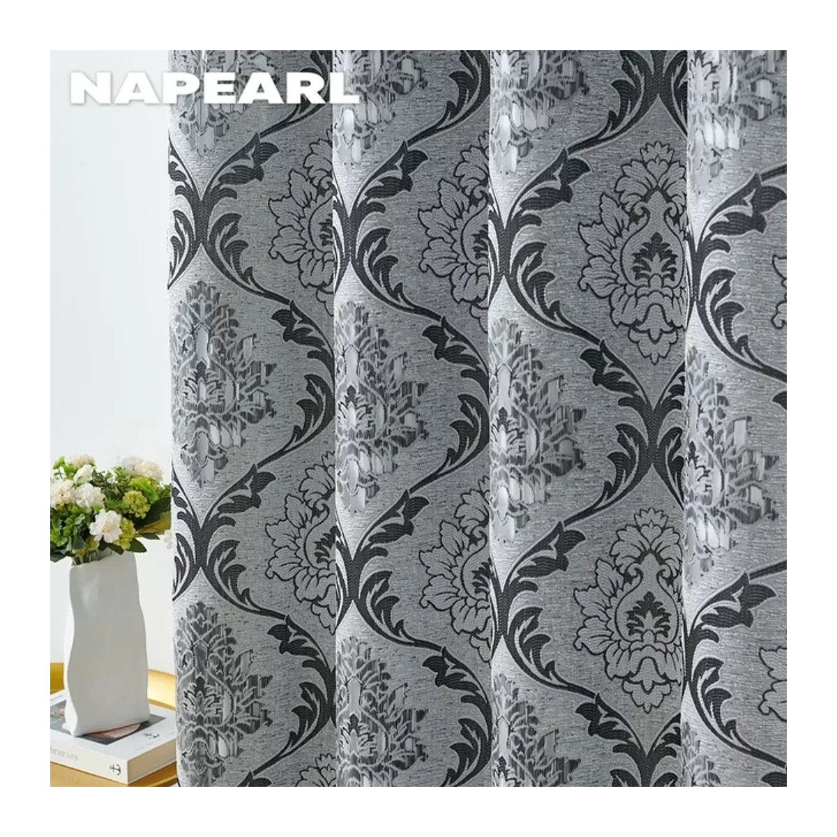 NAPEARL Jacquard-Vorhang in Grau mit geometrischem Blumenmuster zur Verdunkelung für Wohnzimmer und Schlafzimmer - Bild 1