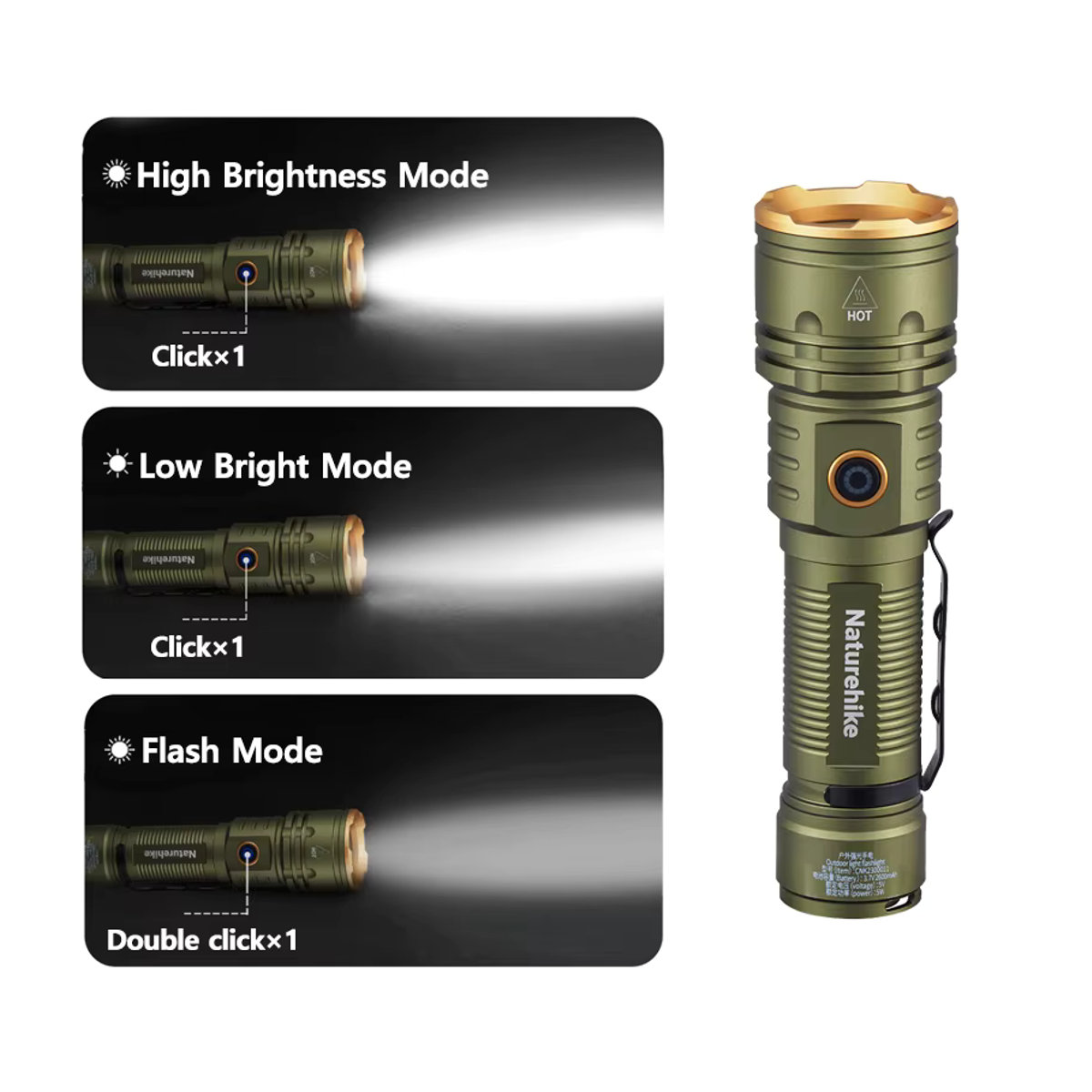 Naturehike Hochleistungs-LED-Taschenlampe für Camping und Outdoor, ultraleicht und wasserdicht mit 250 m Reichweite und Umgebungslicht - Bild 2
