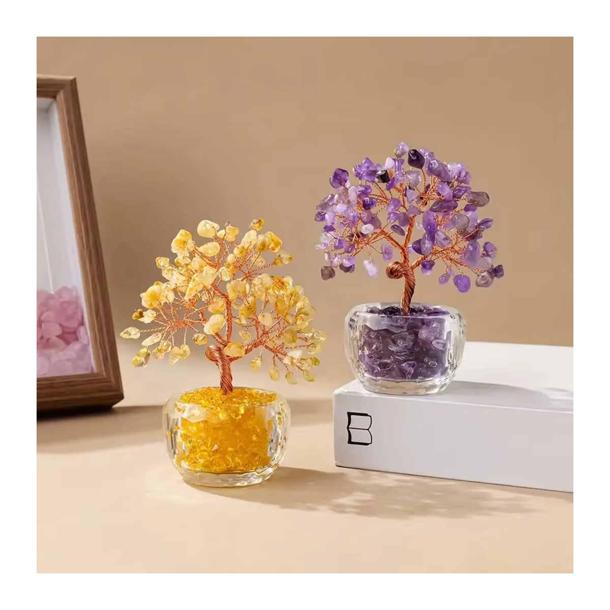 Natürlicher Kristall-Glücksbaum im Bohemian-Stil als Feng Shui Dekoration, mehrfarbiger Baum des Lebens aus Stein und Glas für dein Zuhause oder Büro - Bild 5