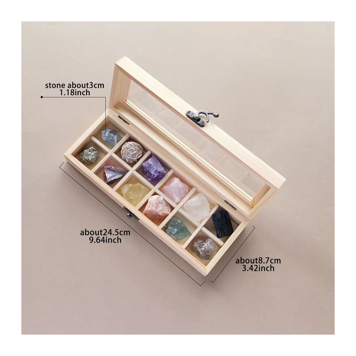 Natürliches Kristall-Rohmineral-Set mit 12er Holzbox in Mehrfarbig und Rustikalem Design - Bild 1