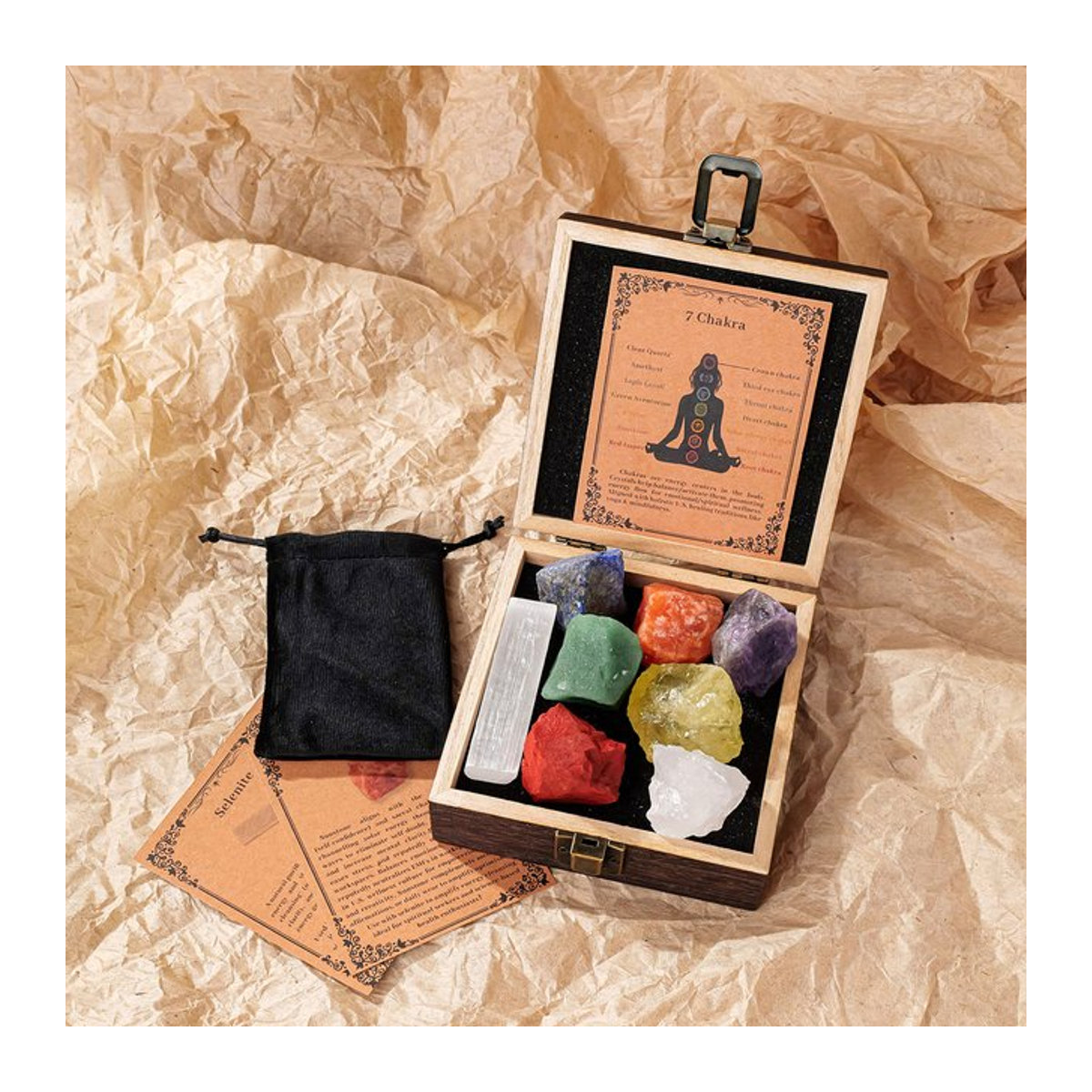Natürliches Kristall Rohstein Set mit Selenit Chips zur Chakra-Reinigung in einer Geschenkbox, mehrfarbig - Bild 1