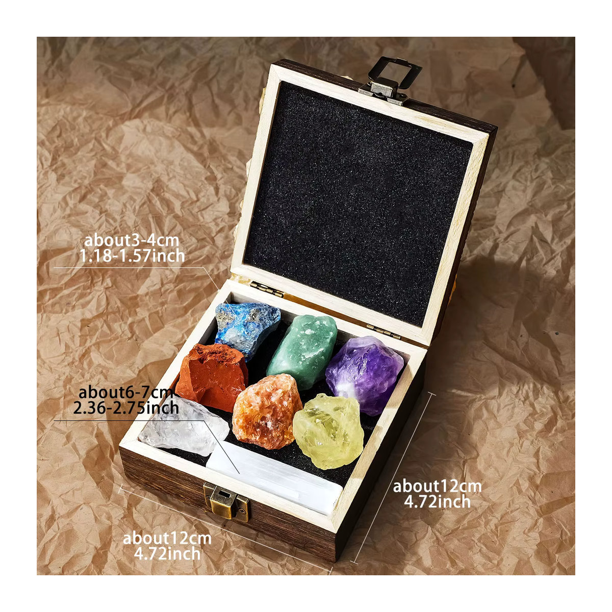 Natürliches Kristall Rohstein Set mit Selenit Chips zur Chakra-Reinigung in einer Geschenkbox, mehrfarbig - Bild 2