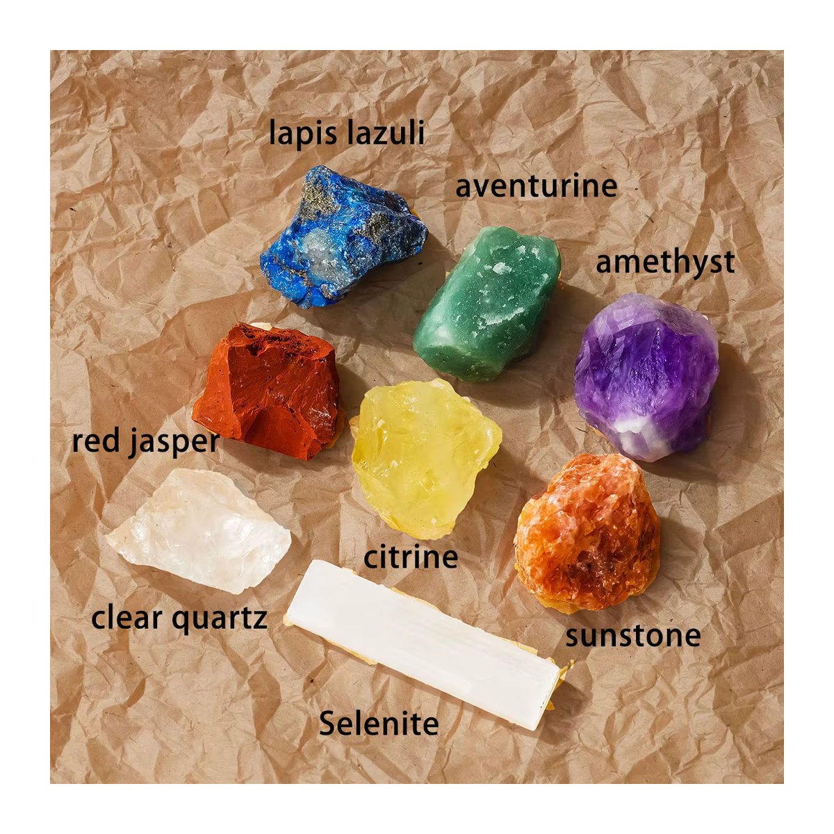 Natürliches Kristall Rohstein Set mit Selenit Chips zur Chakra-Reinigung in einer Geschenkbox, mehrfarbig - Bild 3
