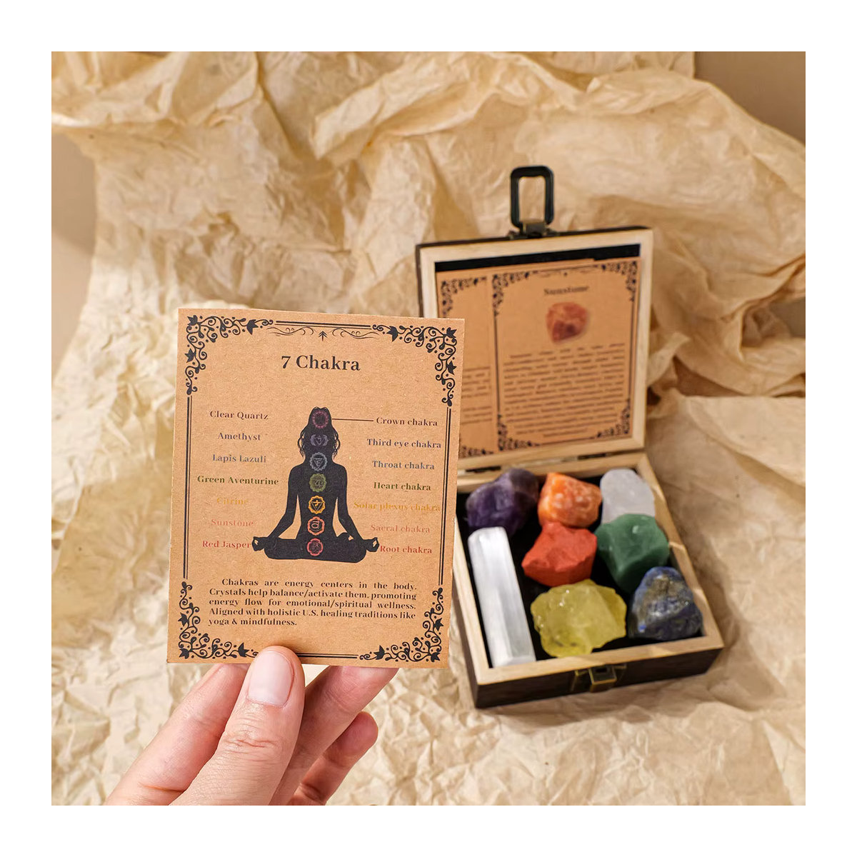 Natürliches Kristall Rohstein Set mit Selenit Chips zur Chakra-Reinigung in einer Geschenkbox, mehrfarbig - Bild 4
