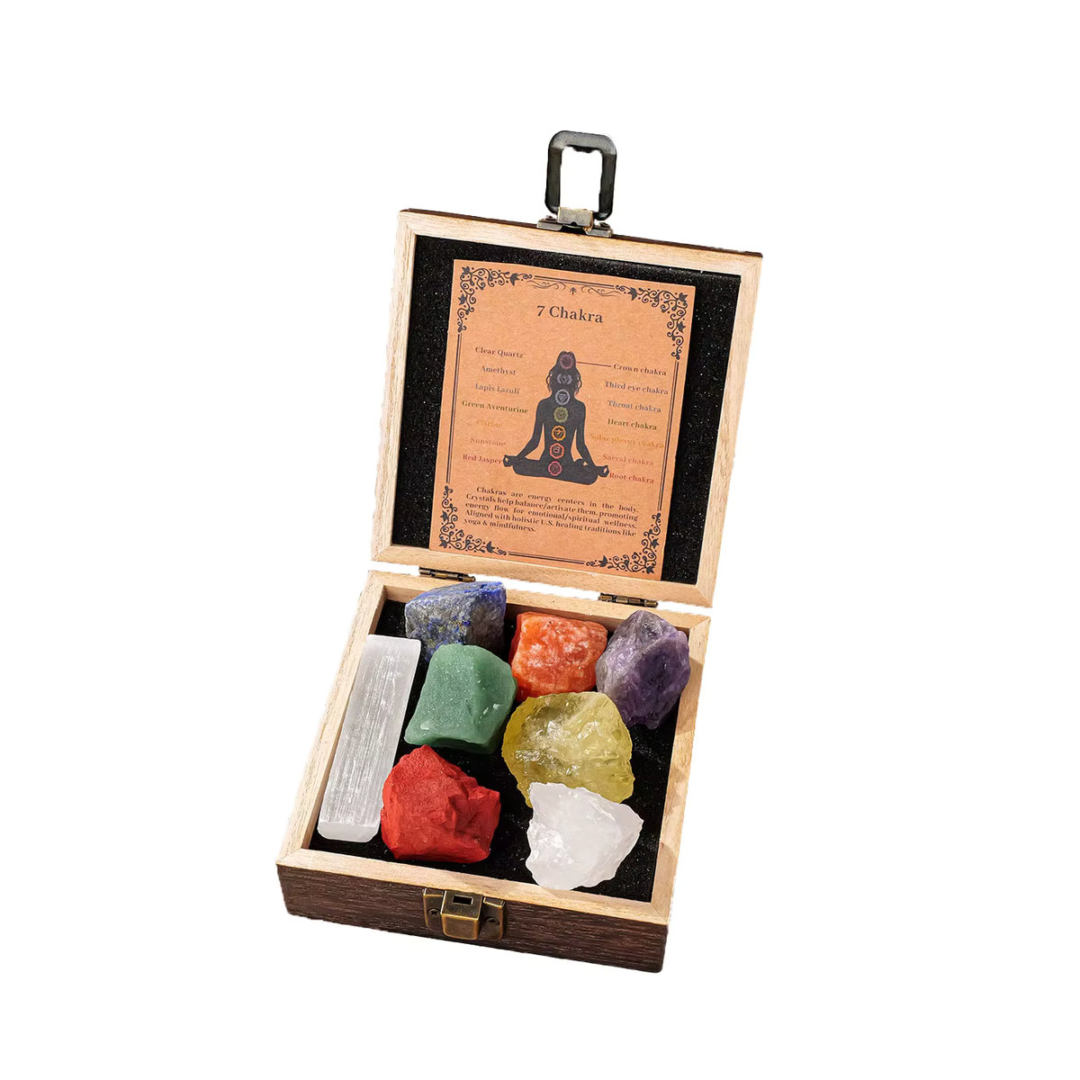 Natürliches Kristall Rohstein Set mit Selenit Chips zur Chakra-Reinigung in einer Geschenkbox, mehrfarbig - Bild 6