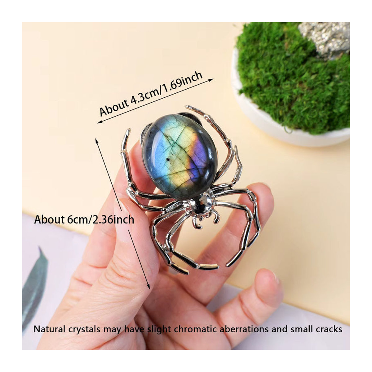 Natürliches Labradorit Spinne Ornament aus grauem Mondstein zur Dekoration für dein Home Office oder deinen Schreibtisch - Bild 2