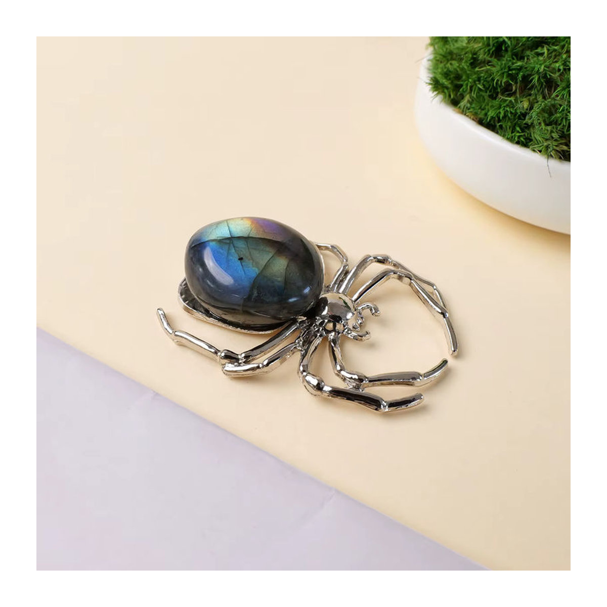 Natürliches Labradorit Spinne Ornament aus grauem Mondstein zur Dekoration für dein Home Office oder deinen Schreibtisch - Bild 6
