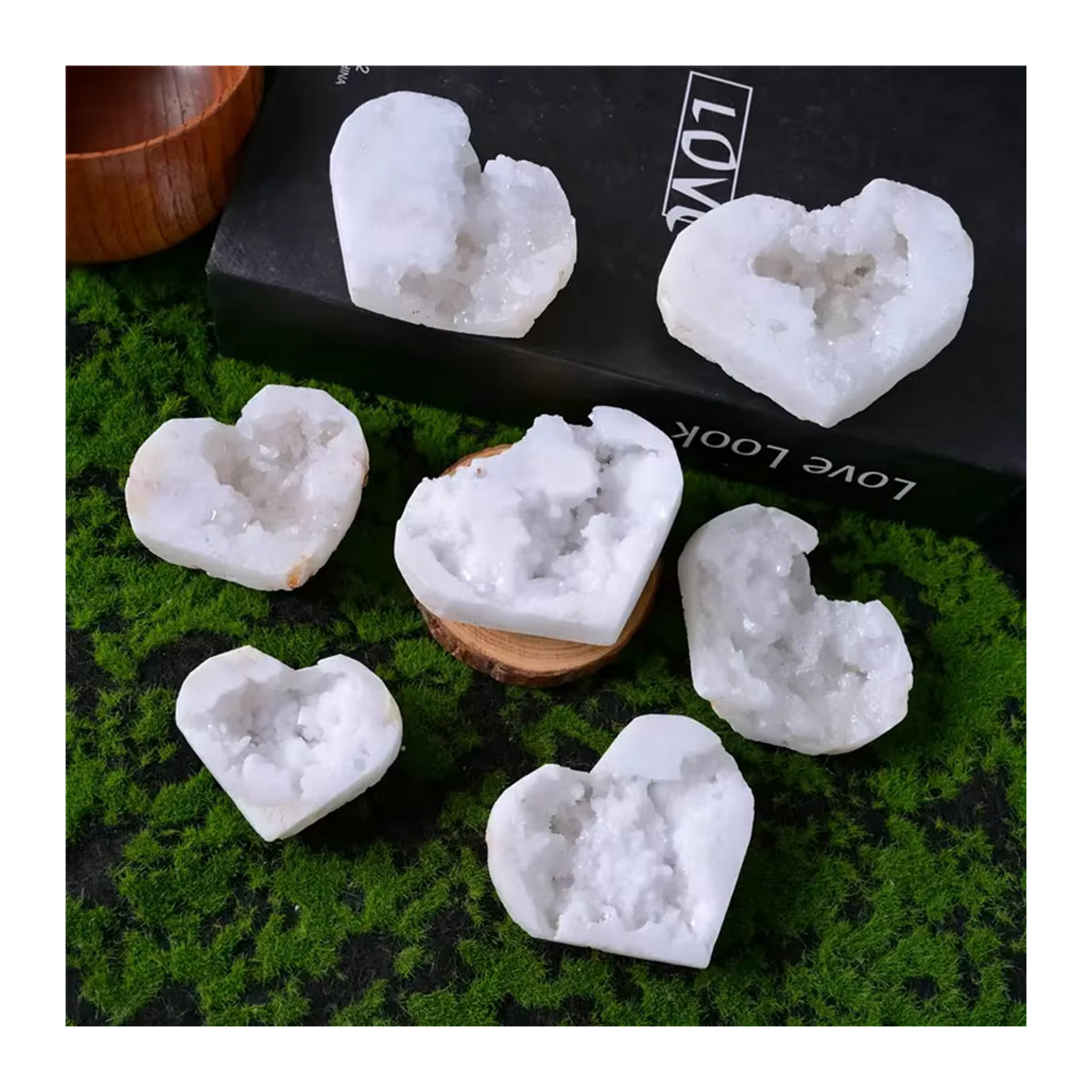 Natürliches mexikanisches Achat-Geodenherz von CrystalHola in Beige, Weiß und Grau als Mineralprobe und Dekoration im Bohemian-Stil - Bild 2