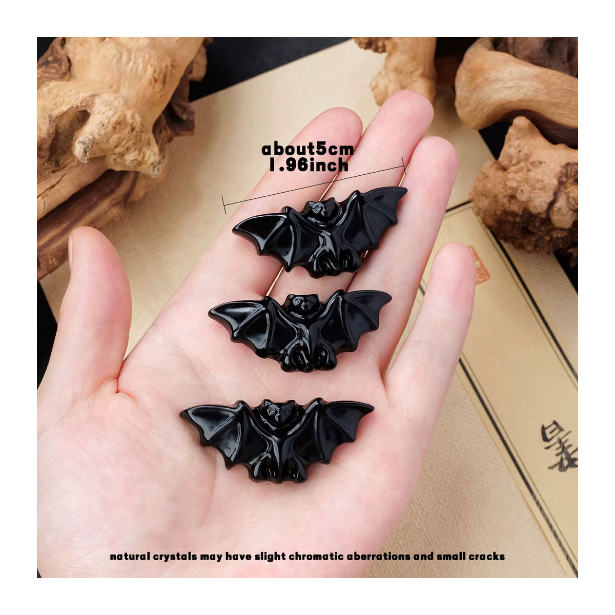 Natürliches Obsidian Kristall Fledermaus Ornament in Schwarz als Deko-Stein für Halloween oder als Geschenk - Bild 2