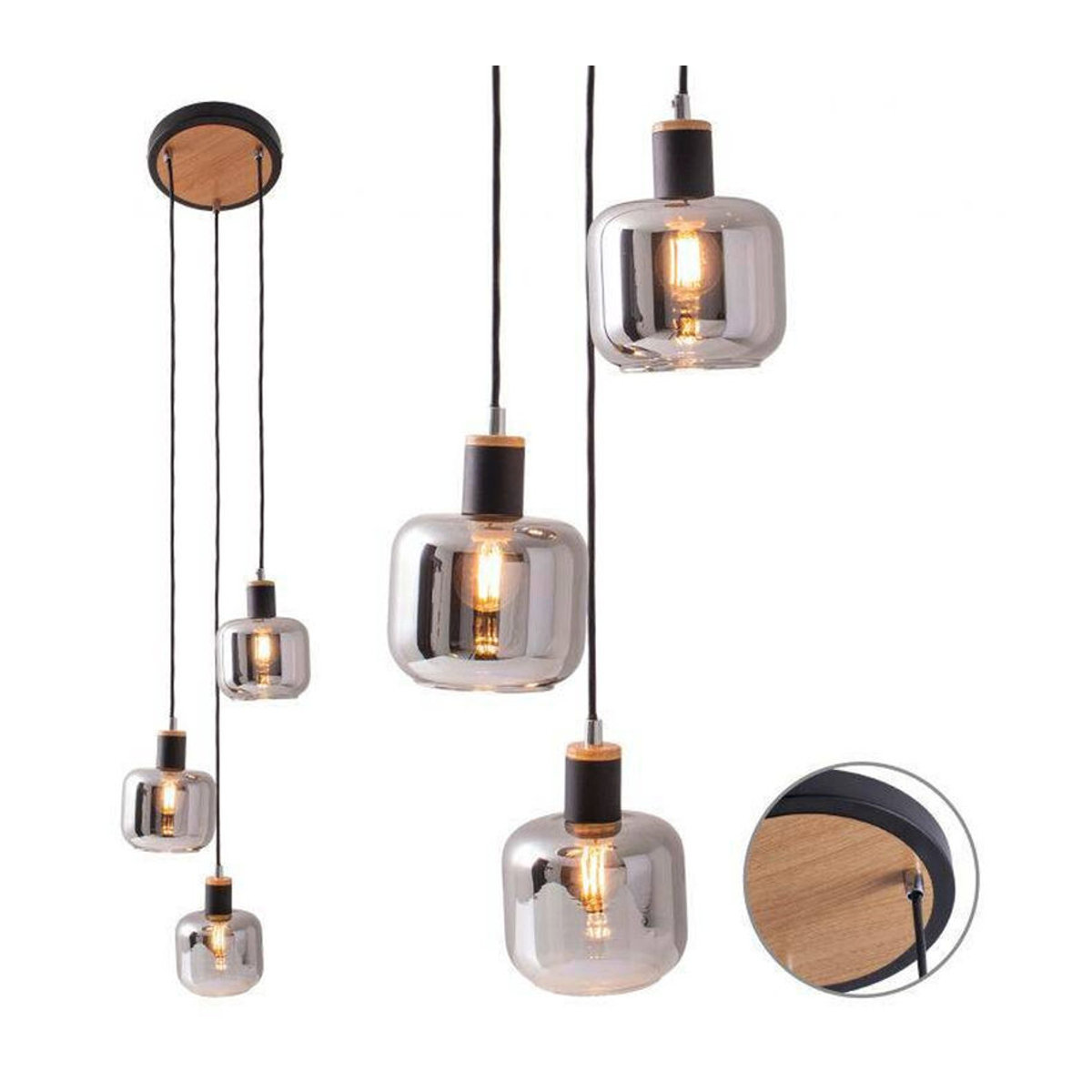 NÄVE Pendelleuchte Fumoso in Schwarz und Natur aus Metall und Rauchglas mit E14 Fassung, H: 123 cm, B: 23 cm - Bild 2
