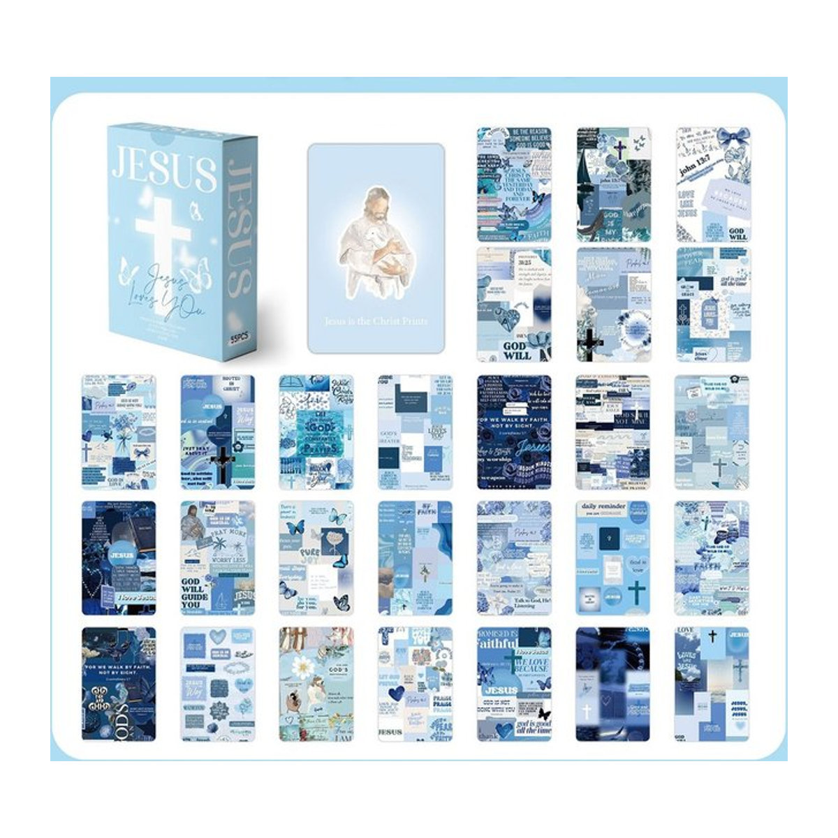 nbyinto 55er Set Jesus Bibel HD Photocards mit Laser Lomo Effekt in Blau und Floralem Design - Bild 1