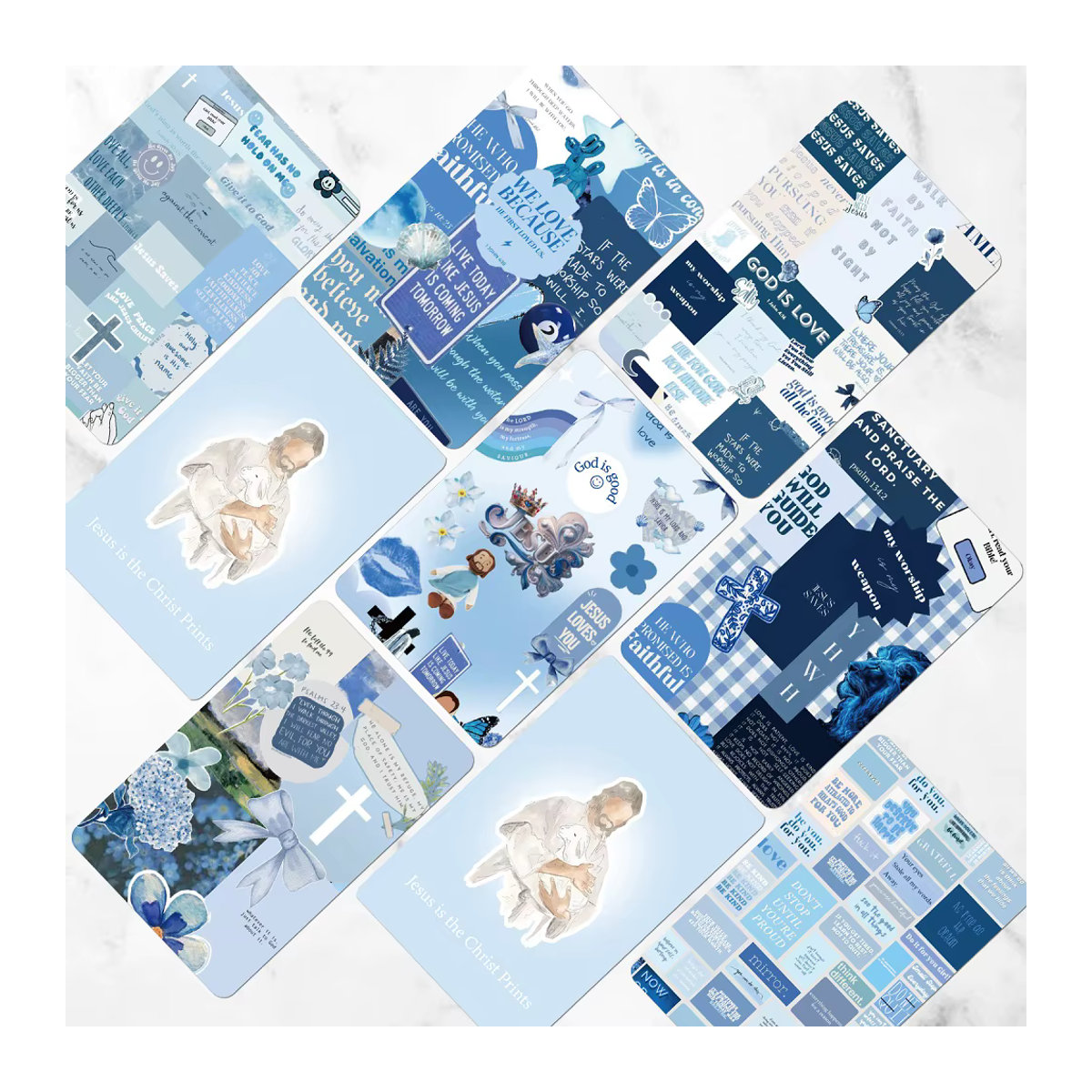 nbyinto 55er Set Jesus Bibel HD Photocards mit Laser Lomo Effekt in Blau und Floralem Design - Bild 2