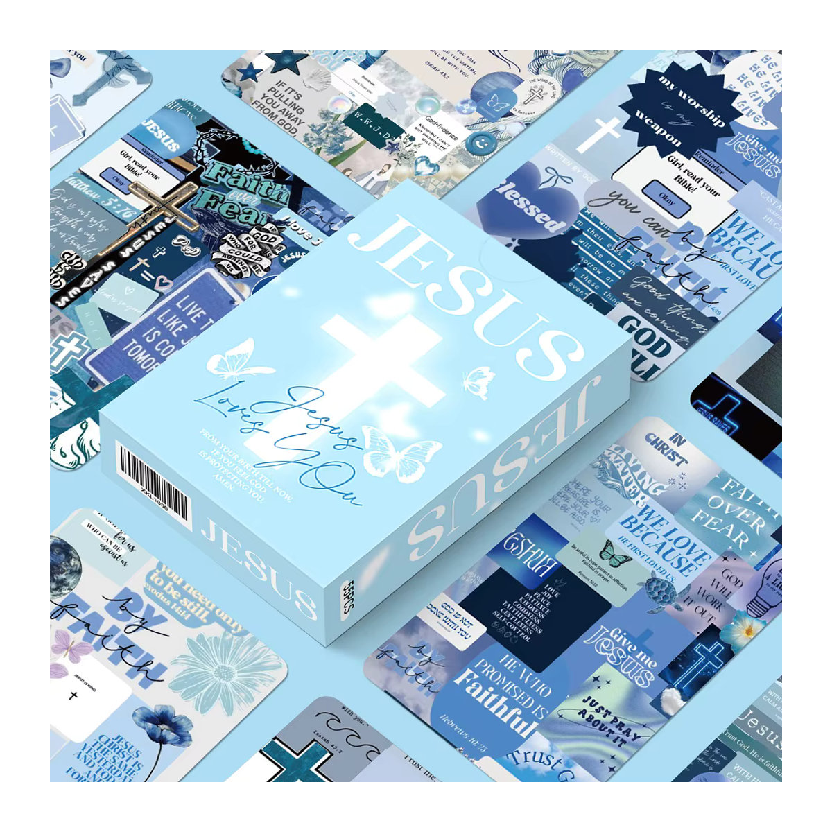 nbyinto 55er Set Jesus Bibel HD Photocards mit Laser Lomo Effekt in Blau und Floralem Design - Bild 3