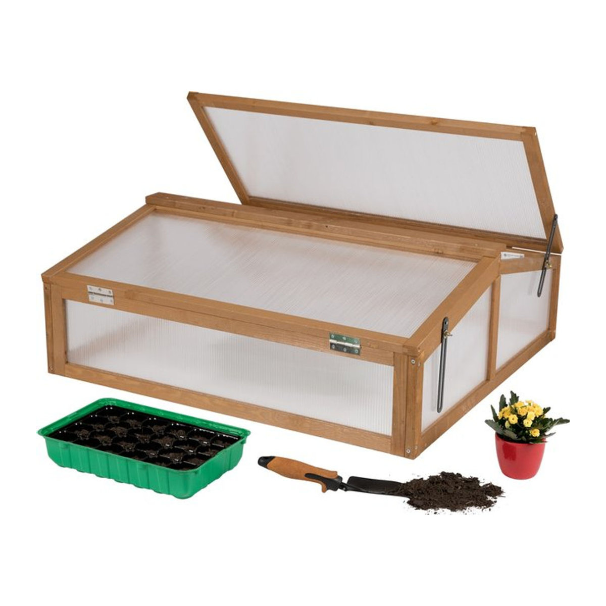 needs&wants Frühbeet Aufsatz klein aus Holz mit Polycarbonat Abdeckung, wetterfestes Gewächshaus für Garten und Balkon, B/T/H: 90 x 82 x 32 cm, Braun - Bild 1