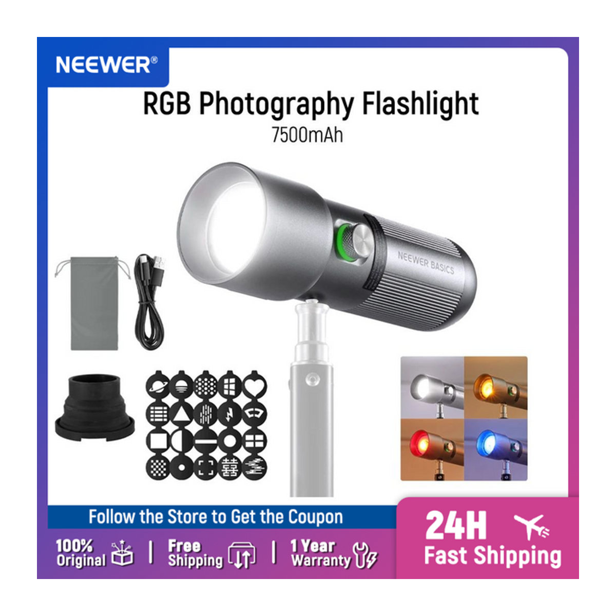 NEEWER BASICS FL10 LED-Fotografie-Taschenlampe mit 4 Farben, 20 Gobo-Filtern und 7500 mAh Akku, tragbarer 10 W LED-Videoscheinwerfer - Bild 1