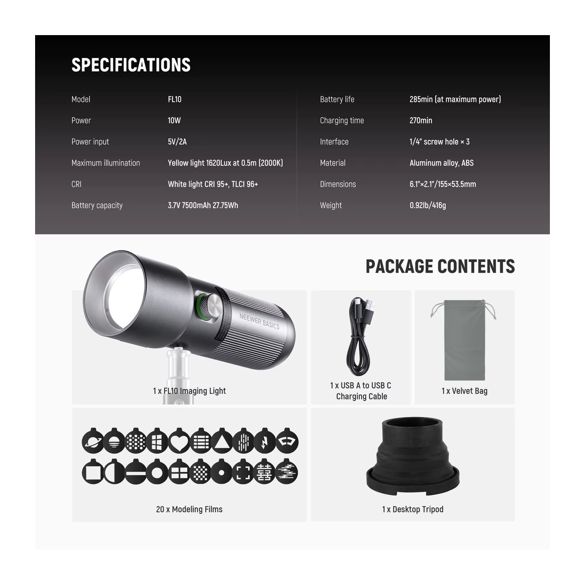 NEEWER BASICS FL10 LED-Fotografie-Taschenlampe mit 4 Farben, 20 Gobo-Filtern und 7500 mAh Akku, tragbarer 10 W LED-Videoscheinwerfer - Bild 3