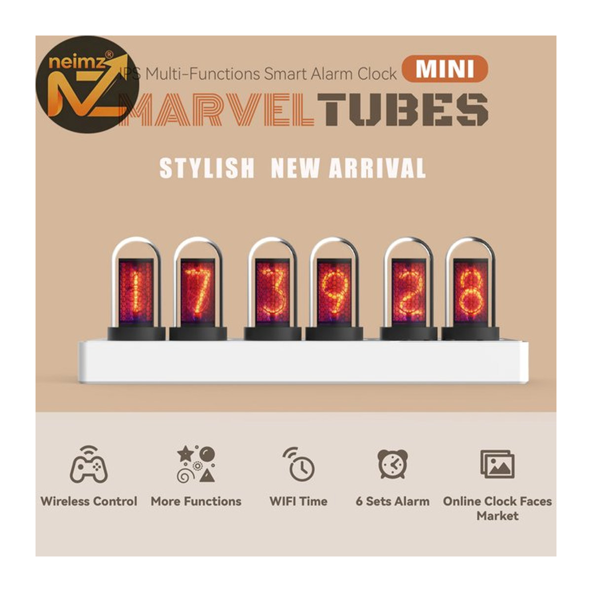 NEIMZ Digitaler IPS Nixie Tube Wecker mit WIFI-Steuerung und RGB-Beleuchtung in Weiß - Bild 1