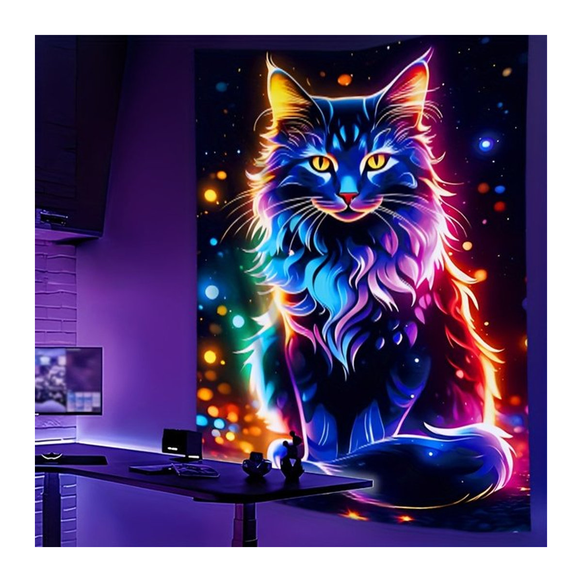 Neonfarbener Wandteppich mit schwarzer Katze in Schwarz und Mehrfarbig, UV-reaktiver Textil-Wandbehang für dein Zuhause oder deine Party-Dekoration - Bild 1