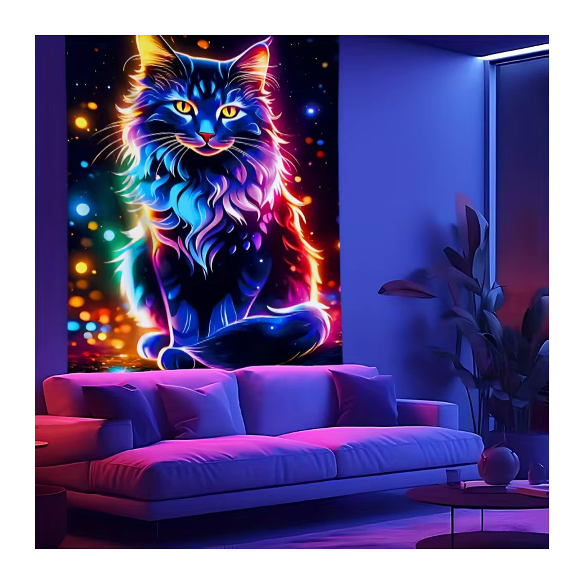 Neonfarbener Wandteppich mit schwarzer Katze in Schwarz und Mehrfarbig, UV-reaktiver Textil-Wandbehang für dein Zuhause oder deine Party-Dekoration - Bild 2