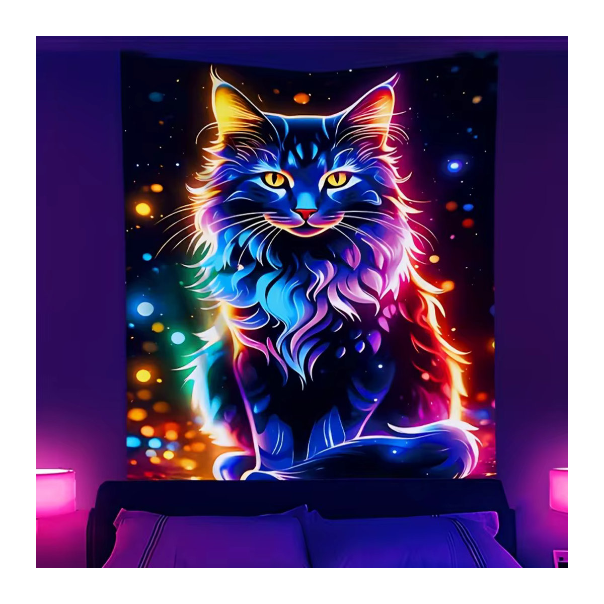 Neonfarbener Wandteppich mit schwarzer Katze in Schwarz und Mehrfarbig, UV-reaktiver Textil-Wandbehang für dein Zuhause oder deine Party-Dekoration - Bild 3