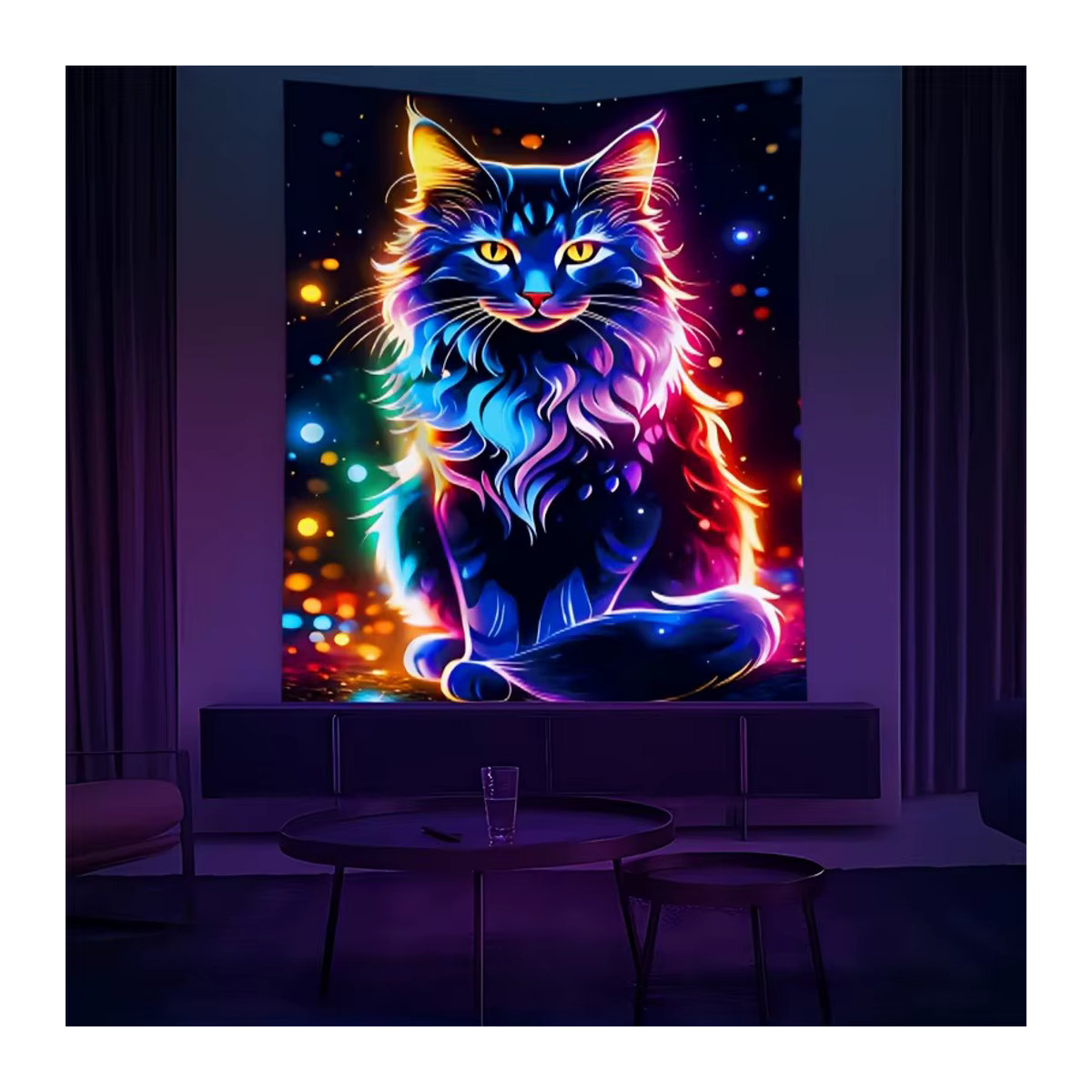 Neonfarbener Wandteppich mit schwarzer Katze in Schwarz und Mehrfarbig, UV-reaktiver Textil-Wandbehang für dein Zuhause oder deine Party-Dekoration - Bild 4