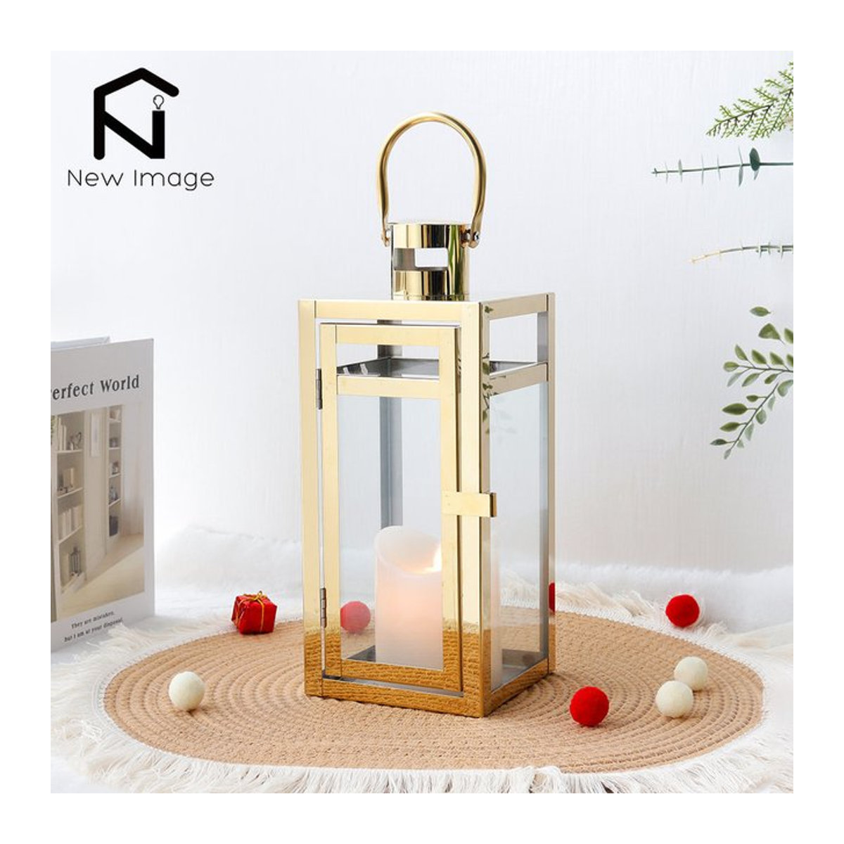 NEWIMAGE Hängende Kerzenhalter Laterne aus Edelstahl in Gold für Stumpenkerzen zur Dekoration von Hochzeit und Heim - Bild 1