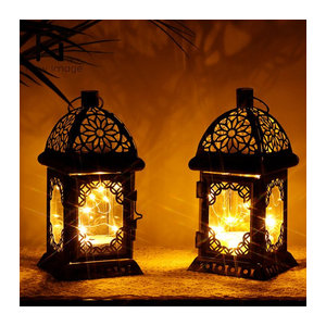 NEWIMAGE Retro Metall Tischlampe in Schwarz mit LED Fairy Lights als Vintage Kerzenhalter Laterne