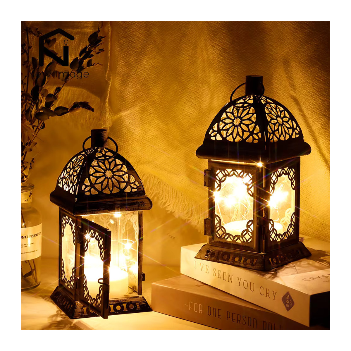 NEWIMAGE Retro Metall Tischlampe in Schwarz mit LED Fairy Lights als Vintage Kerzenhalter Laterne - Bild 2