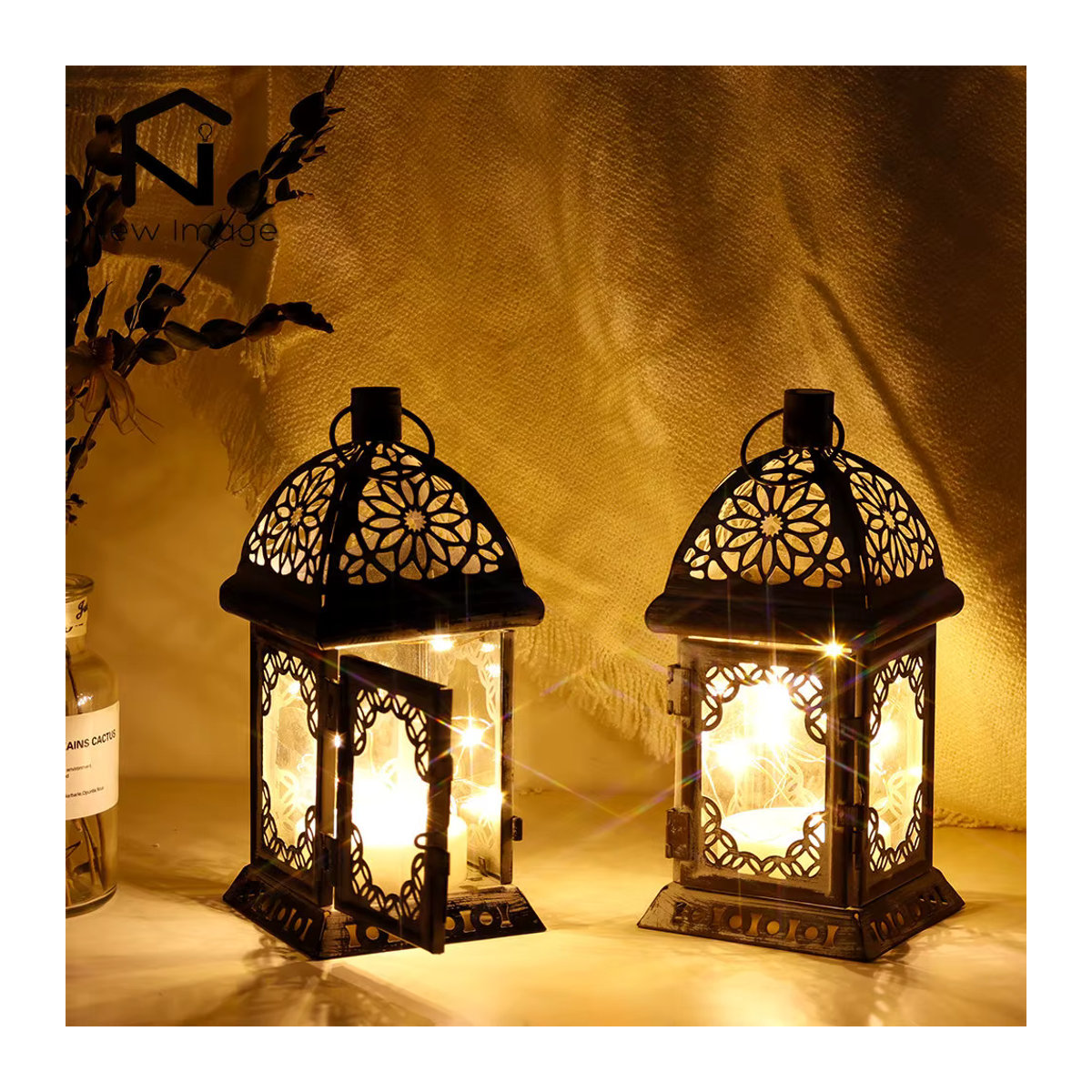 NEWIMAGE Retro Metall Tischlampe in Schwarz mit LED Fairy Lights als Vintage Kerzenhalter Laterne - Bild 3