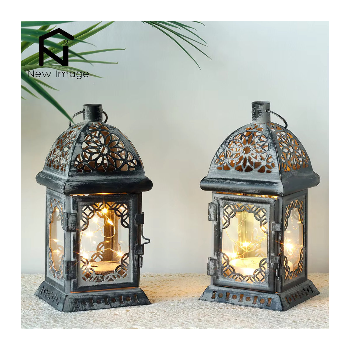 NEWIMAGE Retro Metall Tischlampe in Schwarz mit LED Fairy Lights als Vintage Kerzenhalter Laterne - Bild 4