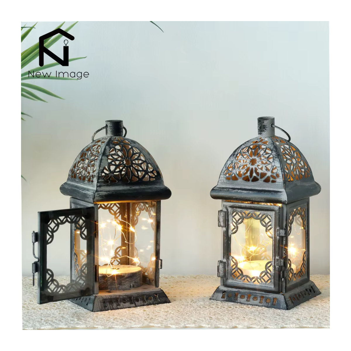 NEWIMAGE Retro Metall Tischlampe in Schwarz mit LED Fairy Lights als Vintage Kerzenhalter Laterne - Bild 5