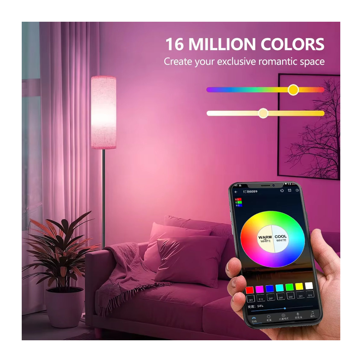 NEWSTYLE RGBW-Stehlampe in Schwarz mit musiksynchronisierter Beleuchtung, Bluetooth und App-Steuerung für ein modernes Umgebungslicht - Bild 4