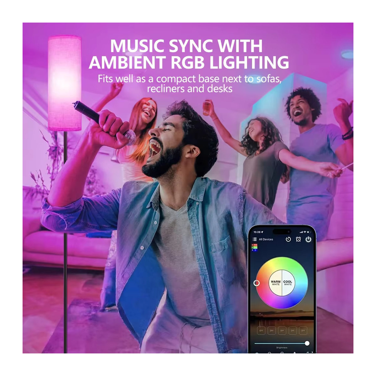 NEWSTYLE RGBW-Stehlampe in Schwarz mit musiksynchronisierter Beleuchtung, Bluetooth und App-Steuerung für ein modernes Umgebungslicht - Bild 5