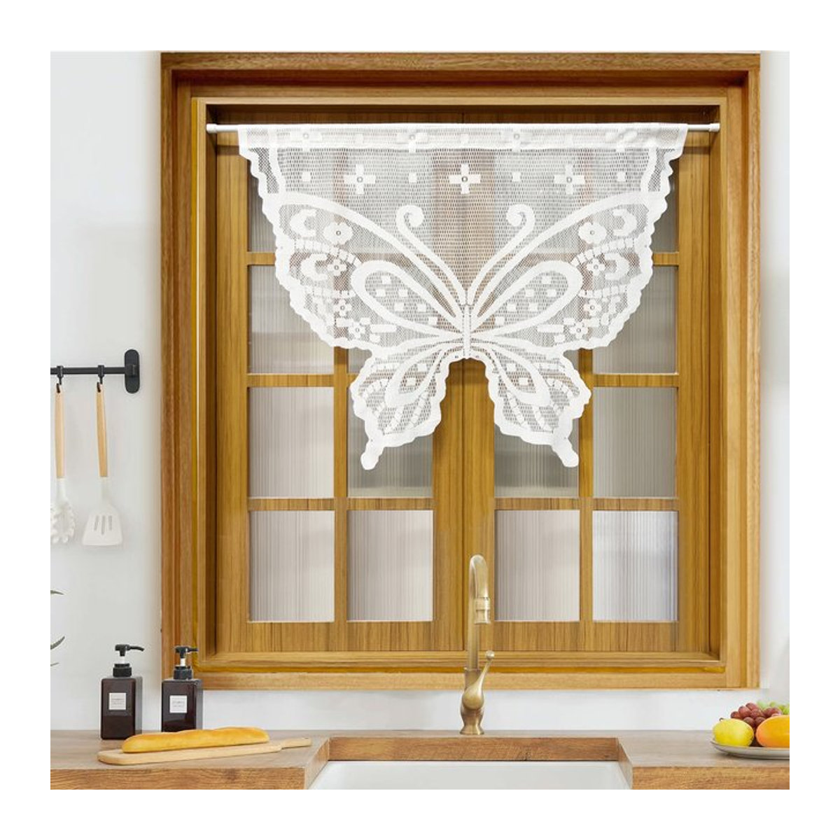 NewWPKIRA Kurzvorhang mit Schmetterlings-Stickerei und Spitze in Weiß für Küche und kleine Fenster - Bild 1