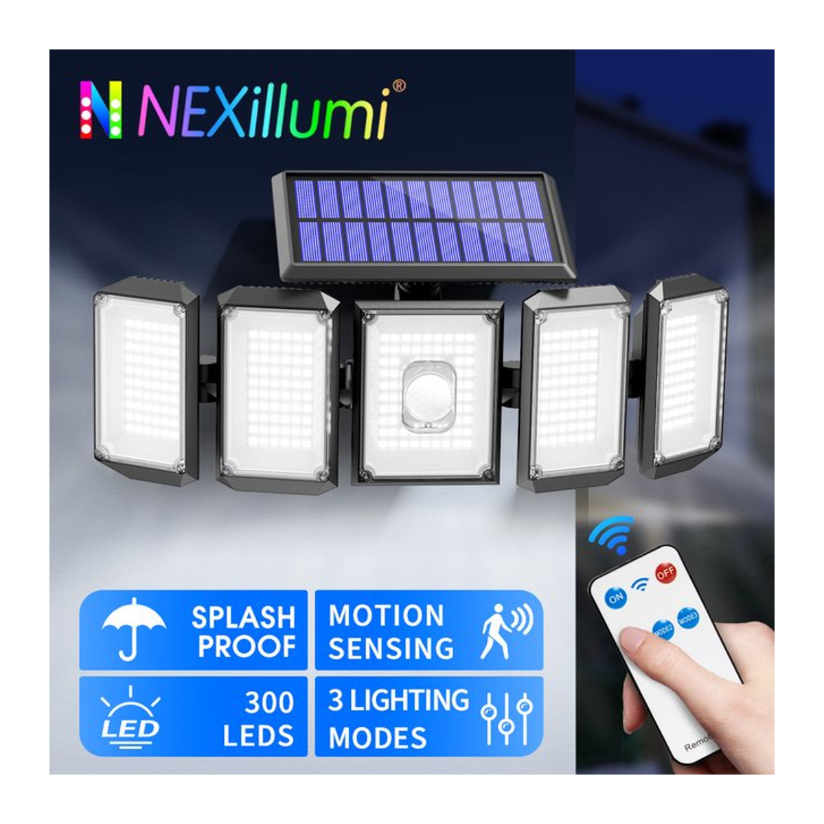 nexillumi Solar-Außenleuchten mit 300 LED, IP65 wasserdicht, Schwarz, mit Bewegungssensor und Fernbedienung für Garten und Terrasse - Bild 1