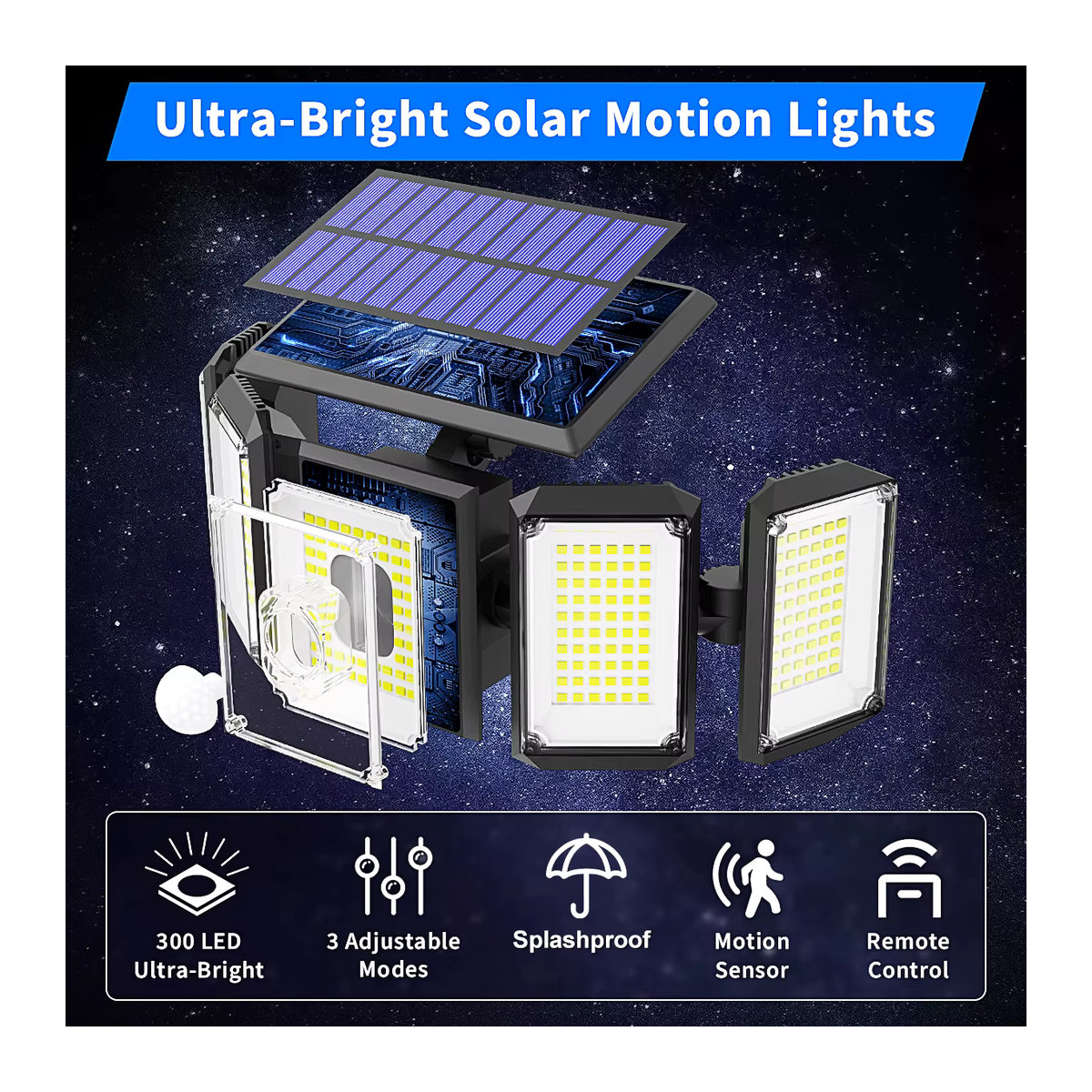 nexillumi Solar-Außenleuchten mit 300 LED, IP65 wasserdicht, Schwarz, mit Bewegungssensor und Fernbedienung für Garten und Terrasse - Bild 2