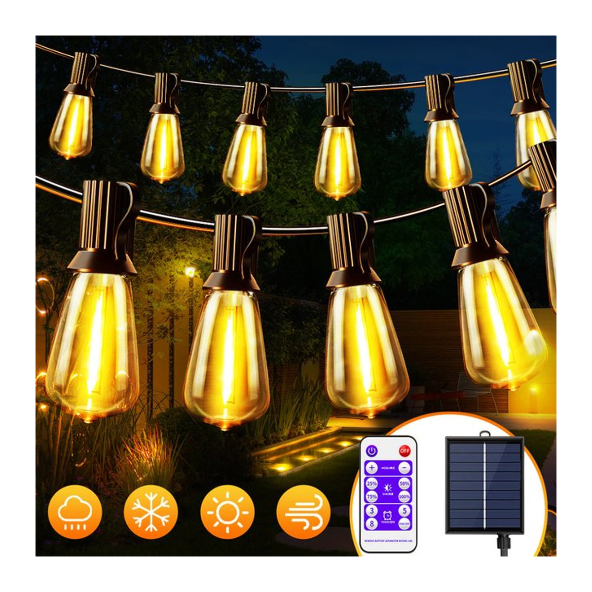 Nexillumi Solar-Lichterkette ST38 mit Fernbedienung in Schwarz, Wasserdichte und bruchsichere Retro-Glühbirnen für Garten und Veranda - Bild 1