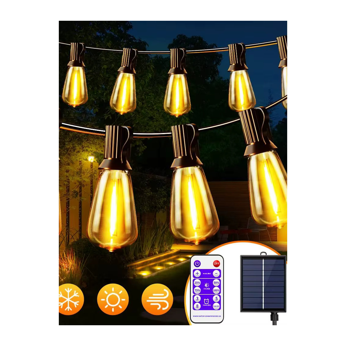 Nexillumi Solar-Lichterkette ST38 mit Fernbedienung in Schwarz, Wasserdichte und bruchsichere Retro-Glühbirnen für Garten und Veranda - Bild 7