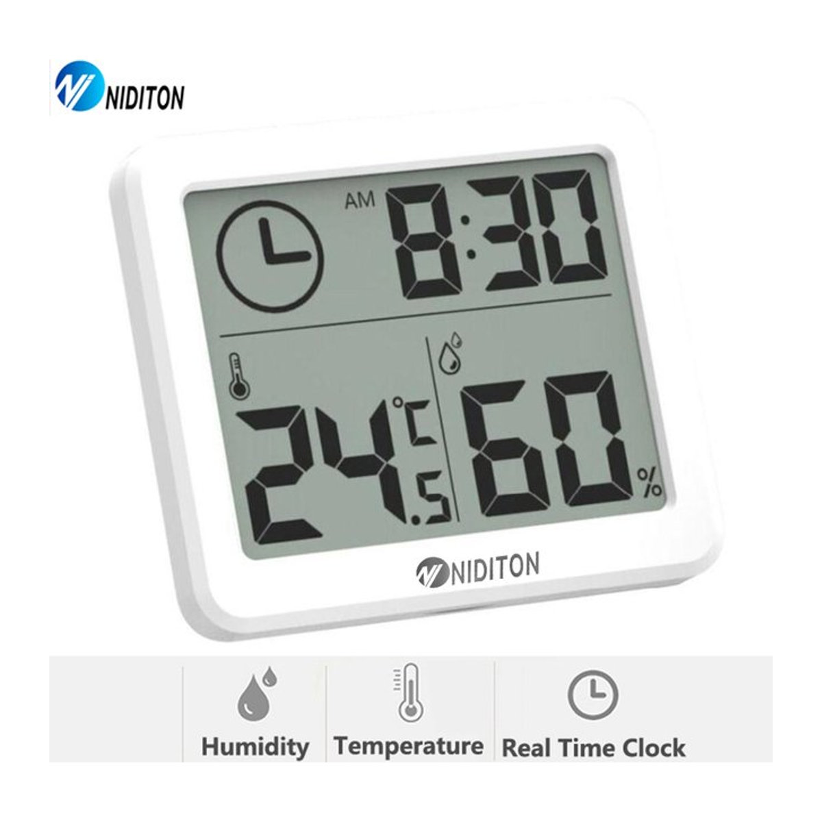 NIDITON Digitale Schreibtischuhr und Wanduhr mit Thermometer und Hygrometer in Weiß - Bild 1