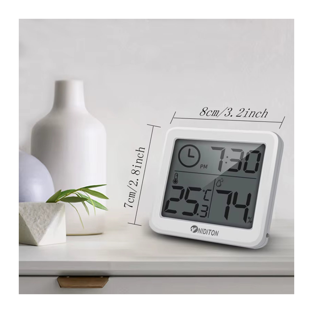 NIDITON Digitale Schreibtischuhr und Wanduhr mit Thermometer und Hygrometer in Weiß - Bild 5