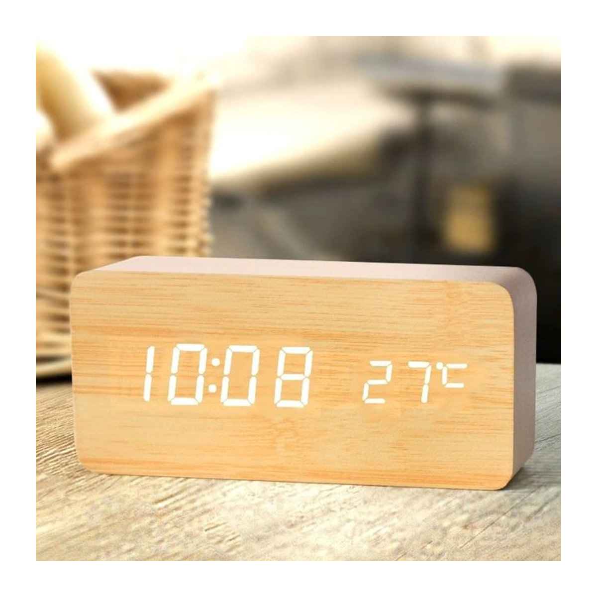 Niditon Digitaler LED-Wecker aus Holz in Braun mit Thermometer und Beleuchtung - Bild 1
