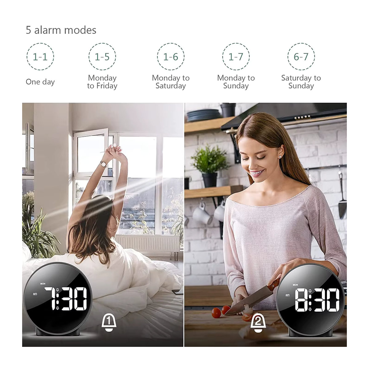 Niditon Digitaler LED Wecker Rund mit Schlummerfunktion und Beleuchtung, Schwarz oder Weiß - Bild 4