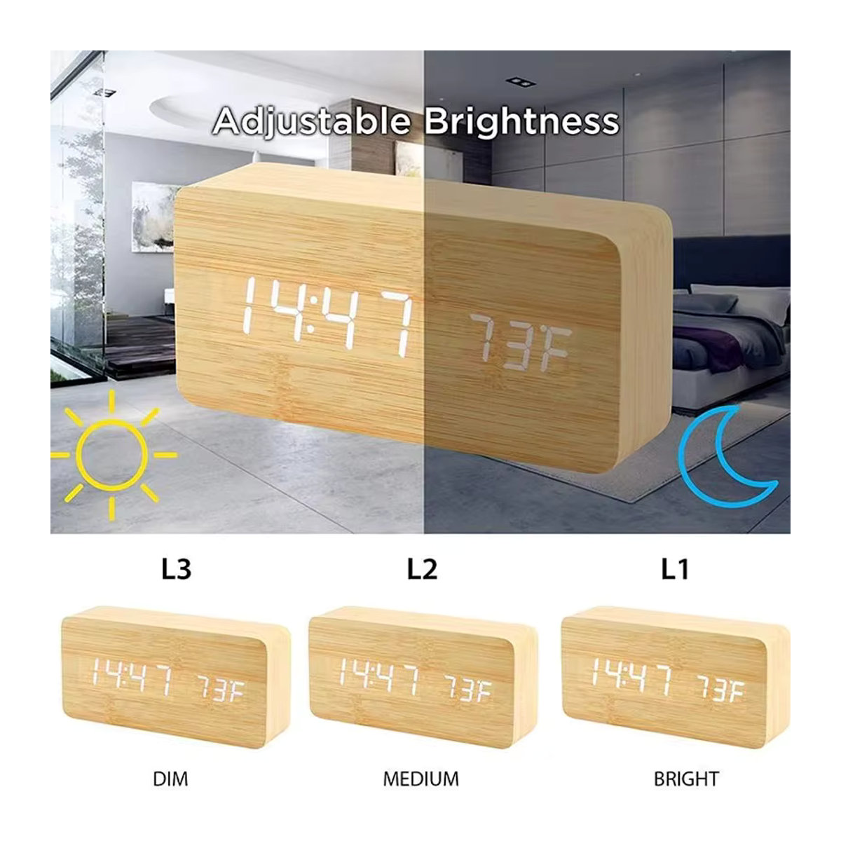 Niditon Digitaler Wecker aus Holz mit LED-Anzeige und Thermometer, minimalistische Tischuhr in Schwarz oder Braun - Bild 2