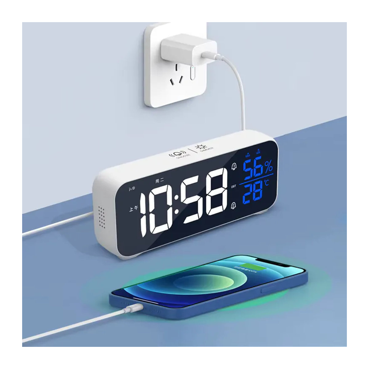 Niditon Digitaler Wecker in Weiß mit Temperatur und Luftfeuchtigkeit, wiederaufladbare Tischuhr mit zwei Alarmen und Thermometer/Hygrometer - Bild 4