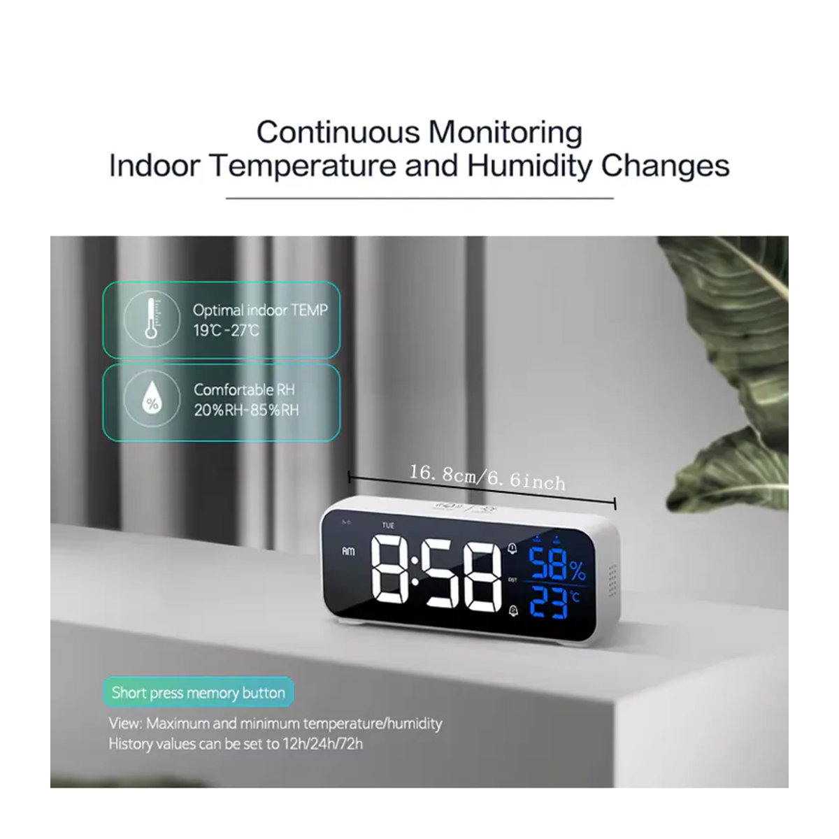 Niditon Digitaler Wecker in Weiß mit Temperatur und Luftfeuchtigkeit, wiederaufladbare Tischuhr mit zwei Alarmen und Thermometer/Hygrometer - Bild 5