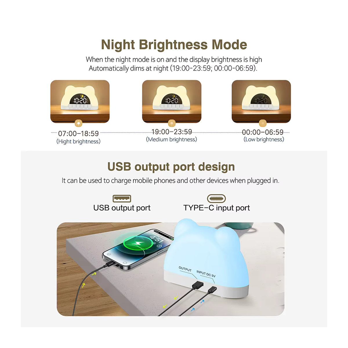 Niditon Digitaluhr mit Wake Up Light Sonnenaufgang Wecker in niedlicher Bärenform, mehrfarbiges Nachtlicht für Kinder und Schlafzimmerdekoration - Bild 3