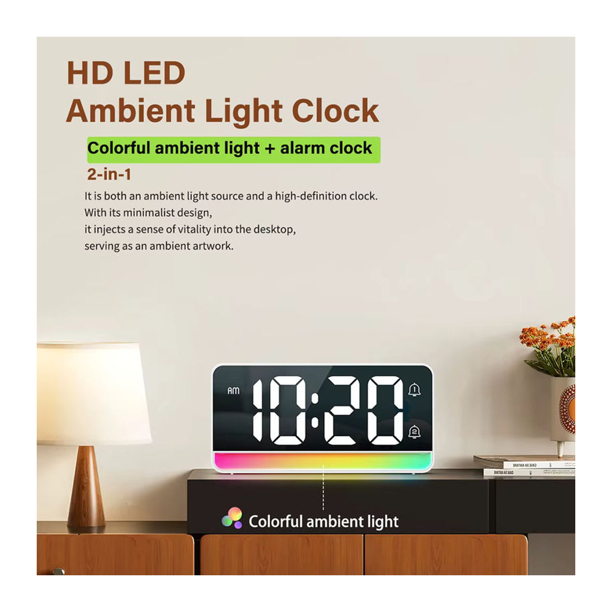 Niditon LED-Digitalwecker mit farbwechselndem Nachtlicht in Schwarz, minimalistisches Design für Schlafzimmer, Büro und Kinderzimmer - Bild 2